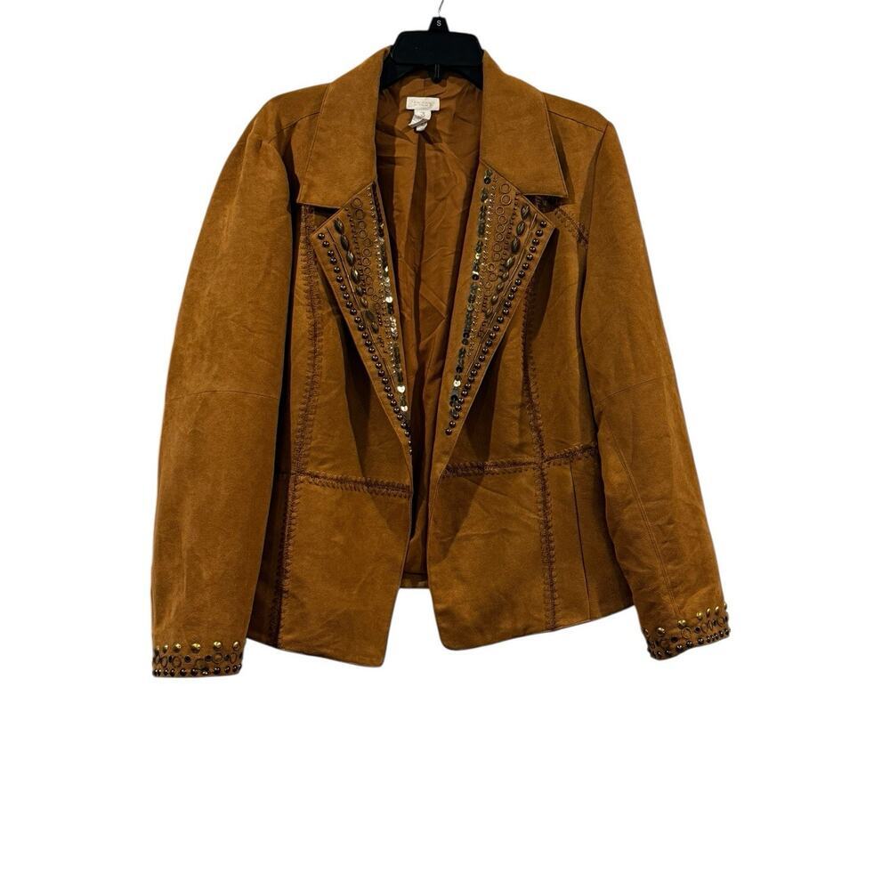 Chico’s Western Blazer Jacket Women’s 3 Camel Brown Beaded Boho Cowgirl